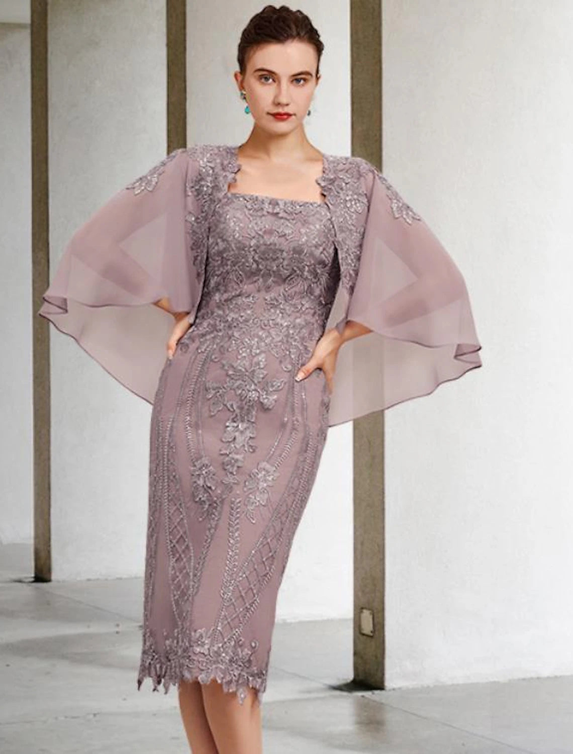 Wholesale  Sheath / Column Mother of the Bride Dress Vintage Elegant Square Neck Knee Length Chiffon Lace Sleeveless Jacket Dresses with Appliques